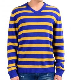Hugo Boss Blue Wool Regular Fit V-Neck Striped Sweater