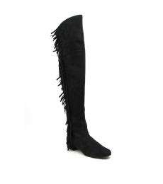 Black Suede Fringed Knee High Boots