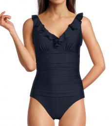 DKNY Navy Blue Ruffled One Piece Swimsuit