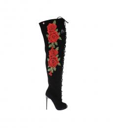 Philipp Plein Black Leather Floral Lace Up Boots
