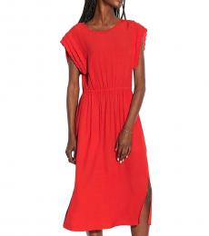 Red Shoulder Pleat Midi Dress