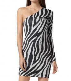 Philipp Plein BlackWhite One Shoulder Dress
