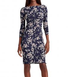 Ralph Lauren Navy Blue Floral Ruched Jersey Dress