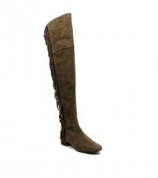 Brown Suede Fringed Knee High Boots