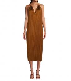 BCBGMaxazria Brown Ring Collar Pleated Midi Dress