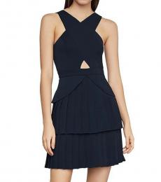 BCBGMaxazria Dark Navy Cross-Neck Pleated Mini Dress