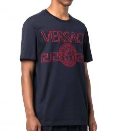 Versace Navy Blue Embroidered-Logo T-Shirt