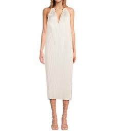 BCBGMaxazria Off White Ring Collar Pleated Midi Dress