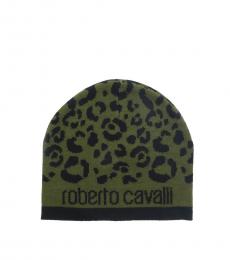 Roberto Cavalli Black-Military Green Leopard Beanie