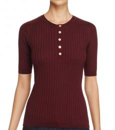 Tory Burch Maroon Cashmere Ribbed Henley Sweater