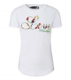 Love Moschino White Embroided Logo Print T-Shirt