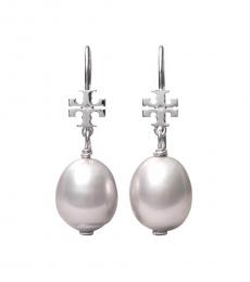Tory Burch Silver Logo Grey Pearl Drop Earrings