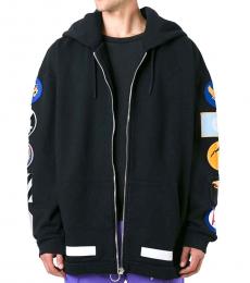 Black Embroidered Patch Cotton Hoodie