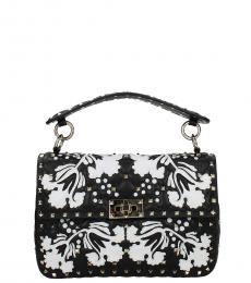Valentino Garavani Black Rockstud Floral Medium Shoulder Bag