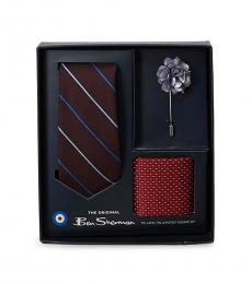 Ben Sherman Red-Multi Pinstripe Tie, Lapel Pin, & Pocket Square Box Set