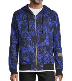 Dark Blue Baroque Logo-Print Zip Hoodie Jacket