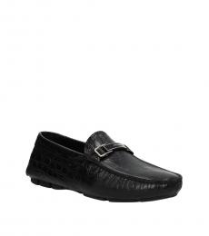 Black Croc Print Leather Loafers