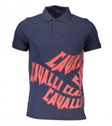 Cavalli Class Navy Blue Regular Fit Logo Print Polo