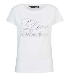 Love Moschino White Crew Neck Rhinestones Logo Tee