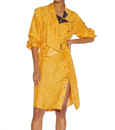Yellow Dot Print Drape Belted Dress