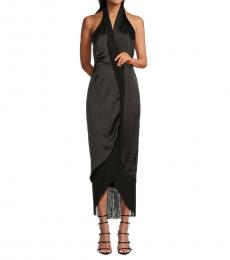 BCBGMaxazria Black Fringe Trim Halter Maxi Dress