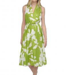 DKNY Green V-Neck Sleeveless Printed Halter Dress
