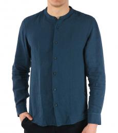 Blue  Linen Slim Fit Collarless Shirt