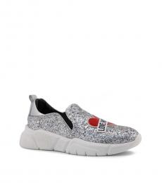 Love Moschino Silver Logo Heart Glitter Sneakers