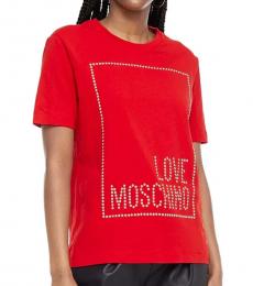 Love Moschino Red Studded Cotton-Jersey T-Shirt