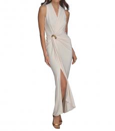 DKNY Off White V-Neck Knot Front Sheath Dress