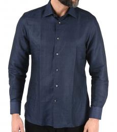 Ermenegildo Zegna Navy Blue Cotton Linen Spread Collar Shirt