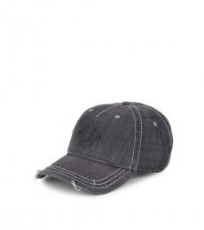 True Religion Black Distressed Horseshoe Logo Baseball Cap