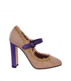 Beige Purple Straw Croco Heels