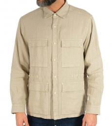 Beige  Linen Utility Shirt With Spread Collar