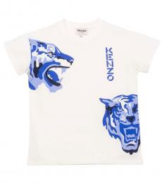 Kenzo Boys White Blue Logo Printed T-Shirt