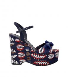 Blue Ankle Strap Printed Wedges