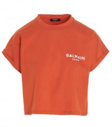 Balmain Orange Flocked Logo T-Shirt