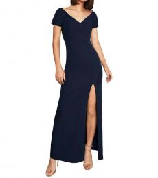 BCBGMaxazria Dark Navy Puff Sleeve Evening Dress