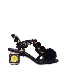 Black Pom Pom Raffia Heels