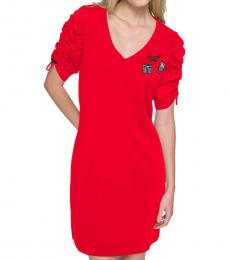 Karl Lagerfeld Red V-Neck Embroidered Minidress