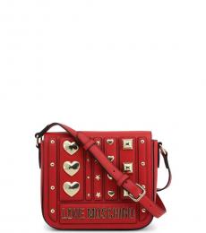 Love Moschino Red Metal Studs Flap Small Crossbody