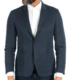 Blue  Cotton  Linen 1 Button Blazer With Classic Lapel