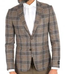 Brown District Ceck Two Button Blazer With Patch Pockets