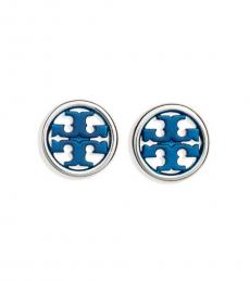 Tory Burch Silver-Blue Logo Miller Circle Stud Earrings