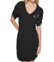 Karl Lagerfeld Black V-Neck Embroidered Minidress
