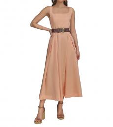 DKNY Peach Square Neck Belted Midi Dress