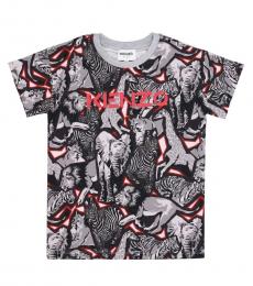 Little Boys Grey Animal Printed T-Shirt
