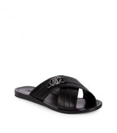 Roberto Cavalli Black Logo Leather Slide Sandals