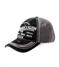 True Religion Black Distressed Embroidered Baseball Cap