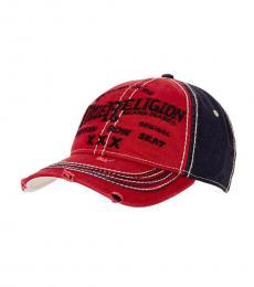 True Religion Red Distressed Embroidered Baseball Cap